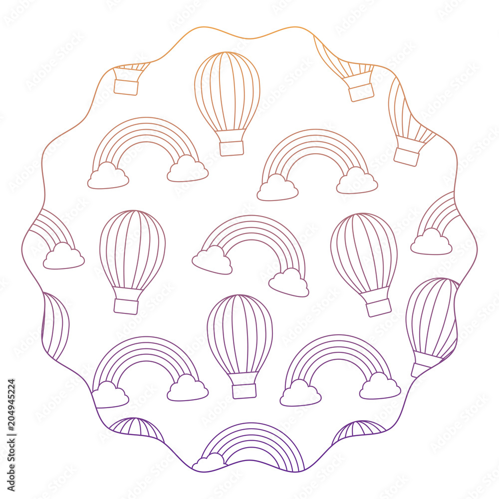 circular frame with rainbow and hot air balloons pattern over white background, vector illustration