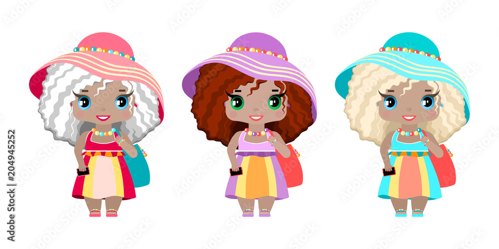 three girls in summer beach dresses, sundresses, hats, beach bags, clogs and a phone. Three images of different colors