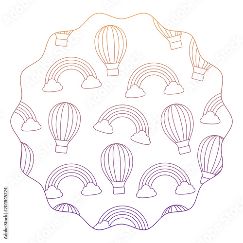 circular frame with rainbow and hot air balloons pattern over white background  vector illustration