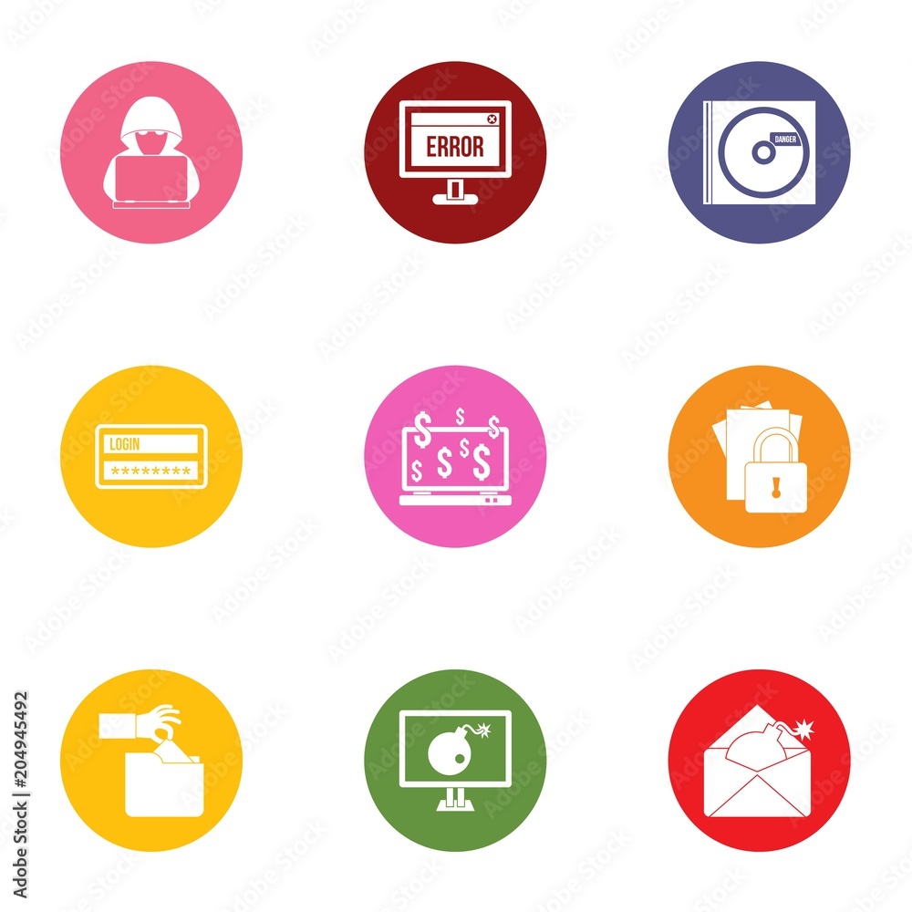 Cyber mistake icons set, flat style Cyber mistake icons set, flat style