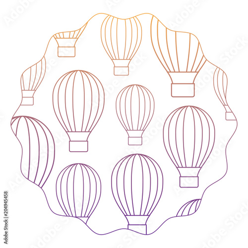 circular frame with hot air balloons pattern over white background, vector illustration