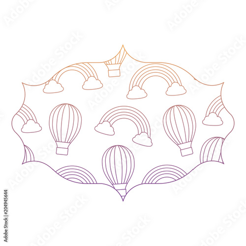 arabic frame with rainbow and hot air balloons pattern over white background, vector illustration