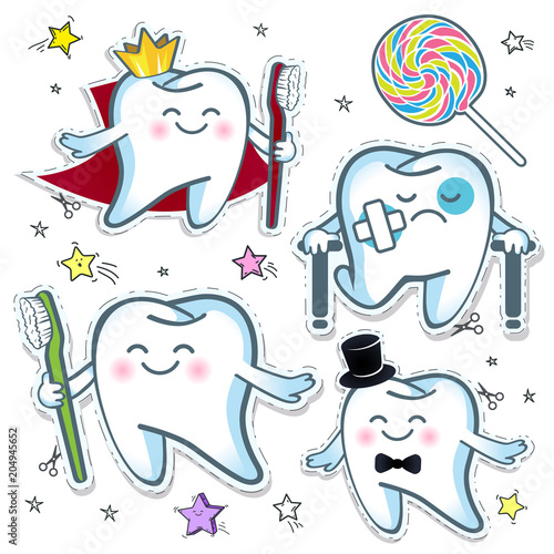 Set a cheerful tooth with a toothbrush and a sad tooth ache with a plaster and crutches