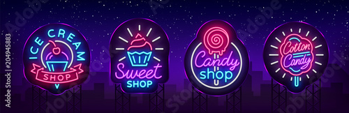 Sweets Shop is collection logos of neon style. Ice cream shop, Cotton Candy. Candy shop collection neon signs, light banner, bright neon sweetening advertisement. Design template. Vector Billboards