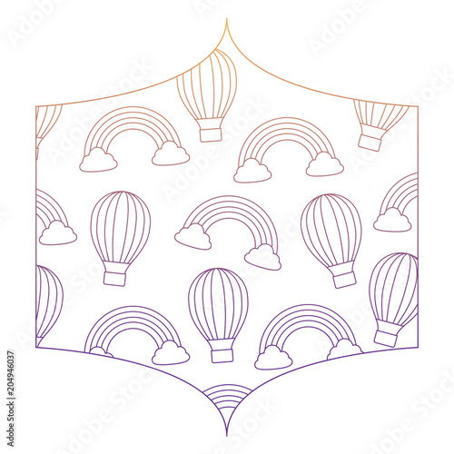 decorative frame with rainbow and hot air balloons pattern over white background, vector illustration
