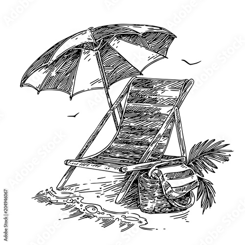 Beach chair, umbrella and bag with towel. Sketch. Engraving style. Vector illustration.