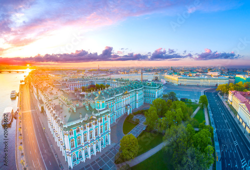 Panorama of Petersburg. The Palace Embankment. Hermitage. Museums of Petersburg. Panorama of Russian cities. Sunny day in St. Petersburg. Embankments in St. Petersburg. photo