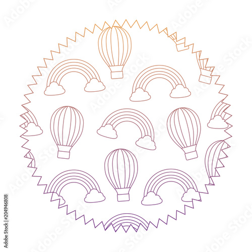 seal stamp with rainbow and hot air balloons pattern over white background, vector illustration