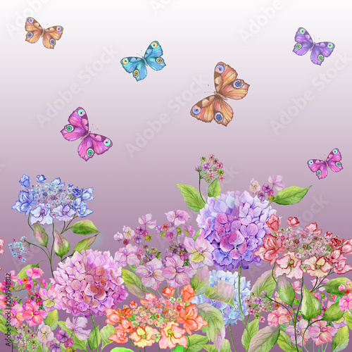 Beautiful soft hydrangea flowers and colorful butterflies on gradient pink ba...
