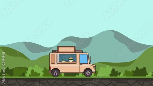 Animated food truck riding through green valley. Moving vehicle on rural landscape background. Flat animation