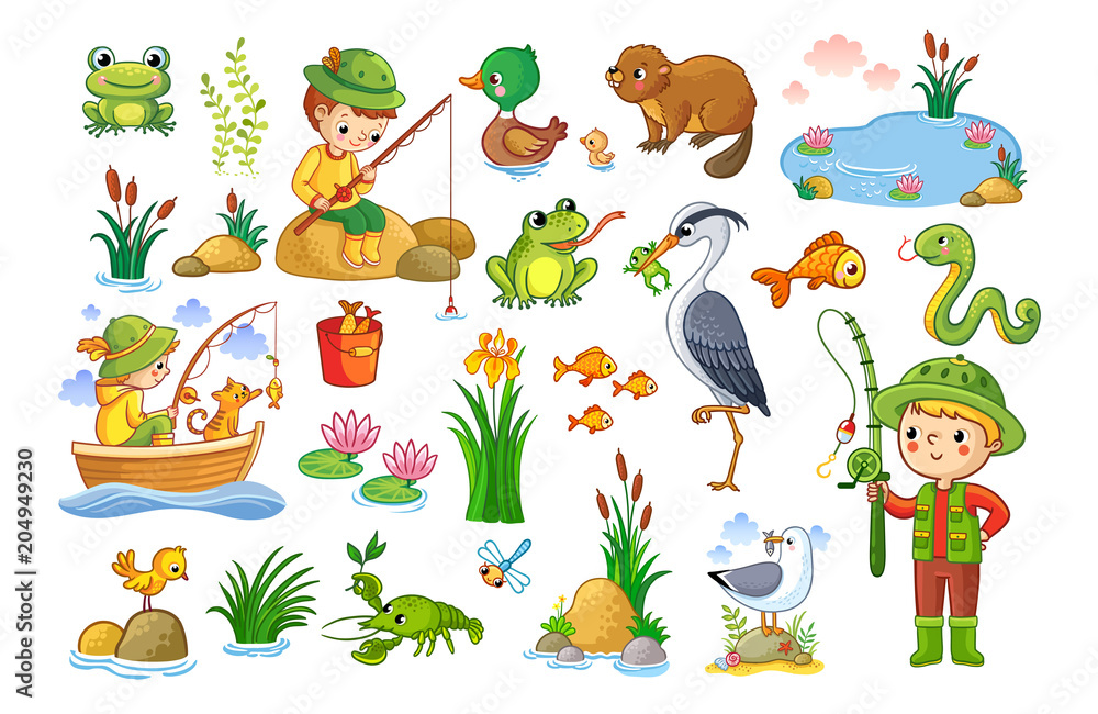 Fototapeta premium Vector set on a forest children theme. An animal pond. Children are fishing. Collection of vector illustration.