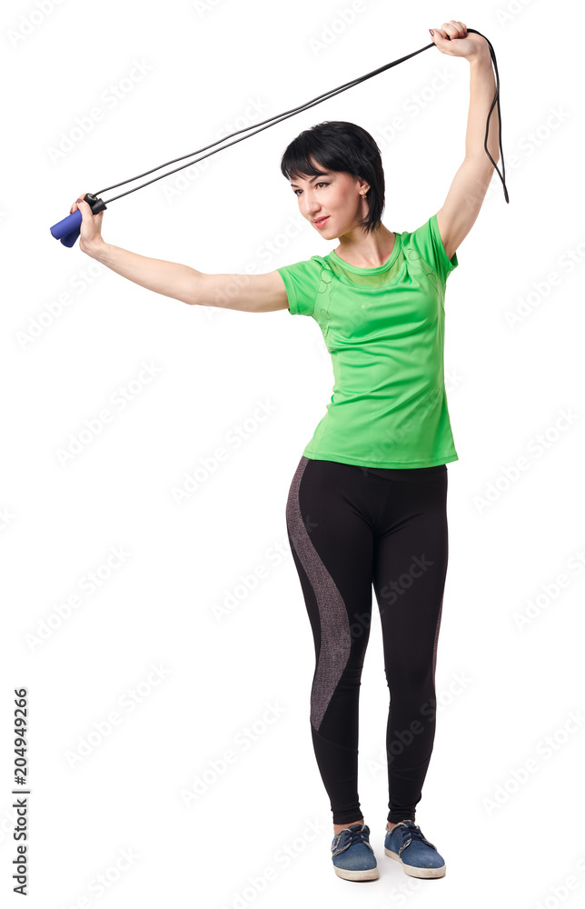 girl posing with skipping rope in studio, isolate on white background, sport and health concept girl posing with skipping rope in studio, isolate on white background, sport and health concept
