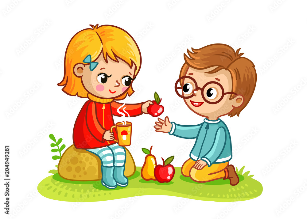 Boy and a girl eat in nature. Children at the picnic eat fruit. Vector  illustration in childrens style. Stock ベクター | Adobe Stock