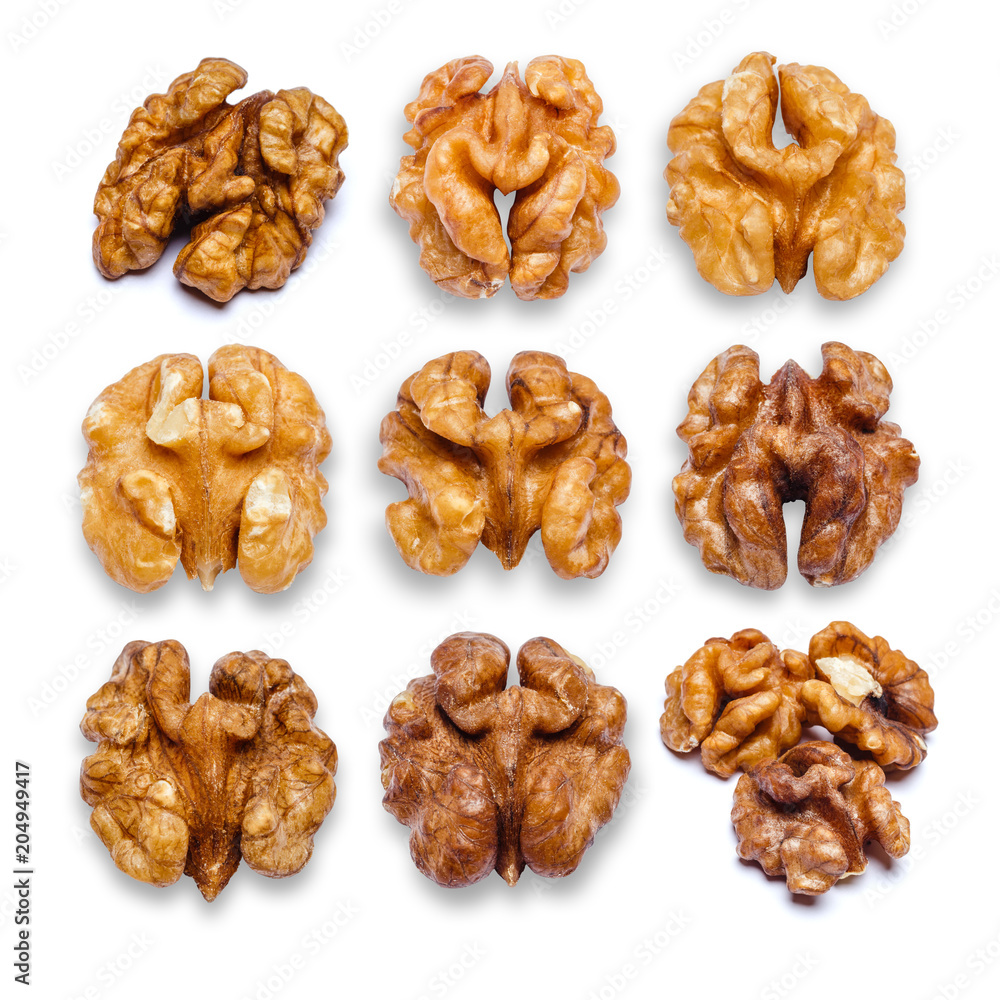 Set of shelled Walnut peeled isolated on white Set of shelled Walnut peeled isolated on white