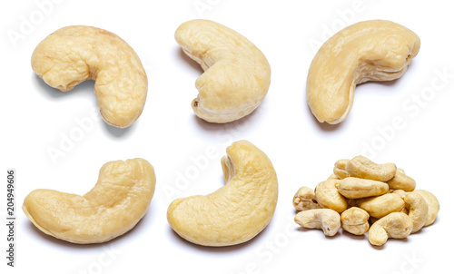 Set of Roasted cashew nuts isolated on white