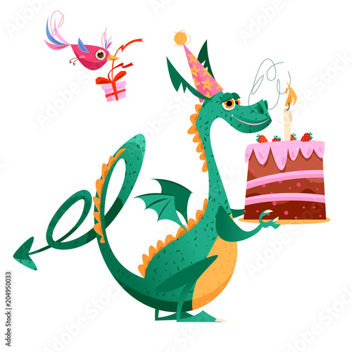 Bird and flying dragon with gift  flower and a birthday cake. Happy birthday 