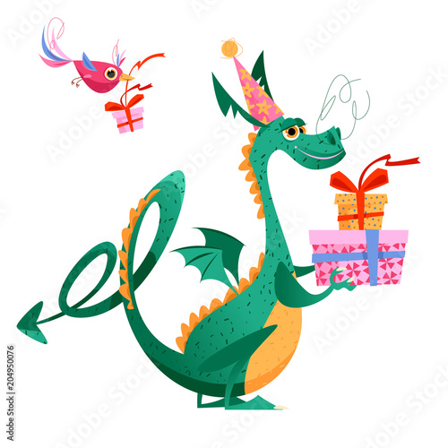 Birthday dragon. Dragon holding a pile of gifts. Bird bearing a gift in a box.