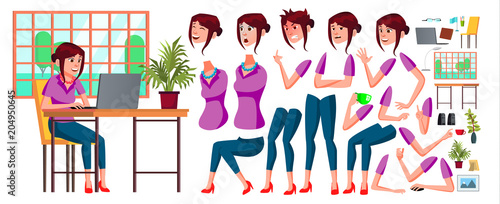 Office Worker Vector. Woman. Happy Clerk, Servant, Employee. Business Human. Face Emotions, Various Gestures. Animation Creation Set. Isolated Character Illustration