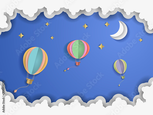 Fototapeta Naklejka Na Ścianę i Meble -  Hot air balloon and moon with stars, cloud, in at night background origami. Abstract paper cut. Vector illustration