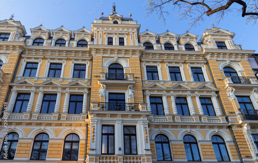 Photo of a building facade ,Riga, Latvia. This building is an example of Art Nouveau architectural style