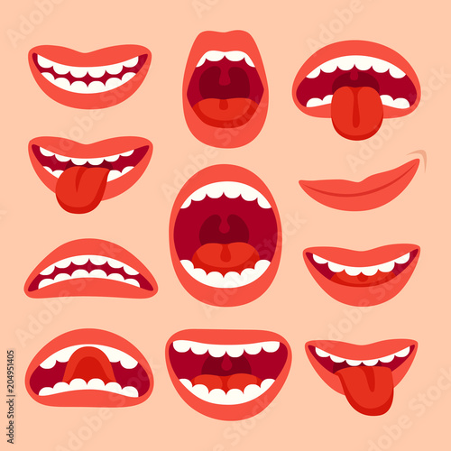 Cartoon mouth elements collection. Show tongue, smile with teeth, expressive emotions, smiling mouths and phonemes vector set
