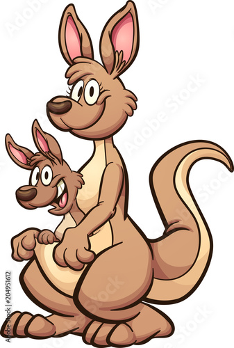 Cartoon mother kangaroo with baby on her pouch. Vector clip art illustration with simple gradients. All in a single layer. 