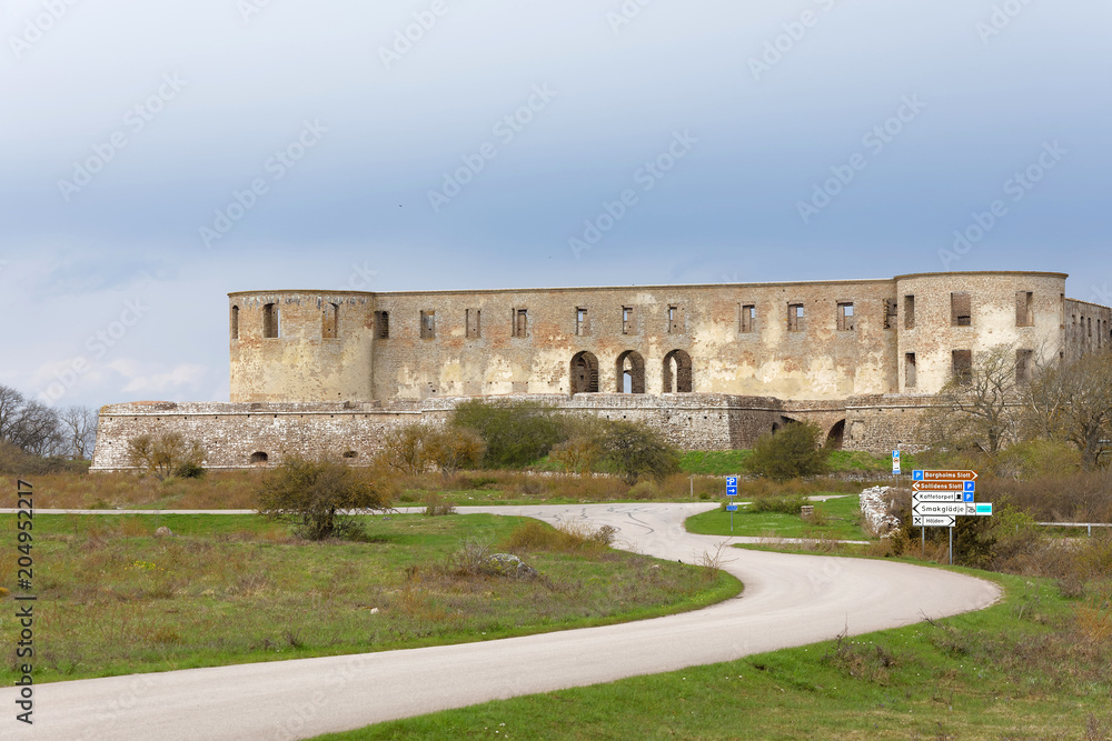 Ruin of the Borgholm castle, popular for tourists, built around year 1100 used for defence of the Baltic sea.