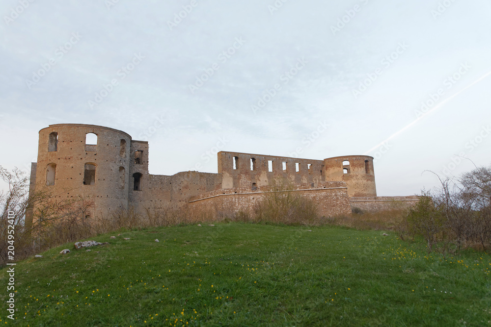 Ruin of the Borgholm castle in morning light, built around year 1100 used for defence of the Baltic sea.