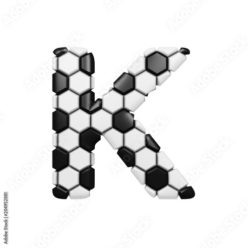 Alphabet letter K uppercase. Soccer font made of football texture. 3D render isolated on white background.