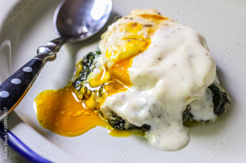Leinwand Poster Florentine eggs with pureed spinach