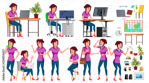 Office Worker Vector. Woman. Professional Officer  Clerk. Adult Business Female. Lady Face Emotions  Various Gestures. Isolated Cartoon Illustration