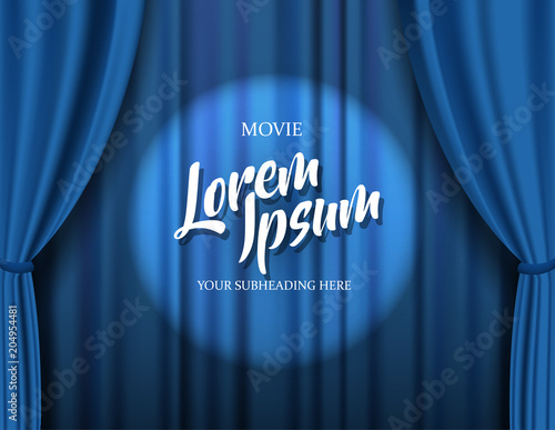 Teathre stage template with blue heavy curtain and golden text.
