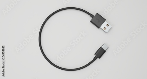 3D rendering - power usb cable with type-c connector isolated on white background.