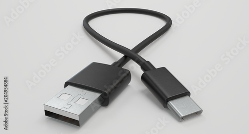 3D rendering - power usb cable with type-c connector isolated on white background.