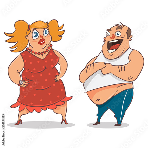Fat couple. Obese man and woman. Vector cartoon illustration of people with overweight isolated on white background.