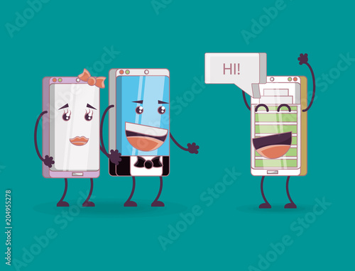 elegant couple of smartphones and happy cartoon smartphone over blue background, colorful design. vector illustration 
