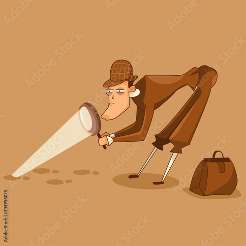 Detective in the hat is looking for clues through a magnifying glass character. Vector illustration of a male investigator.