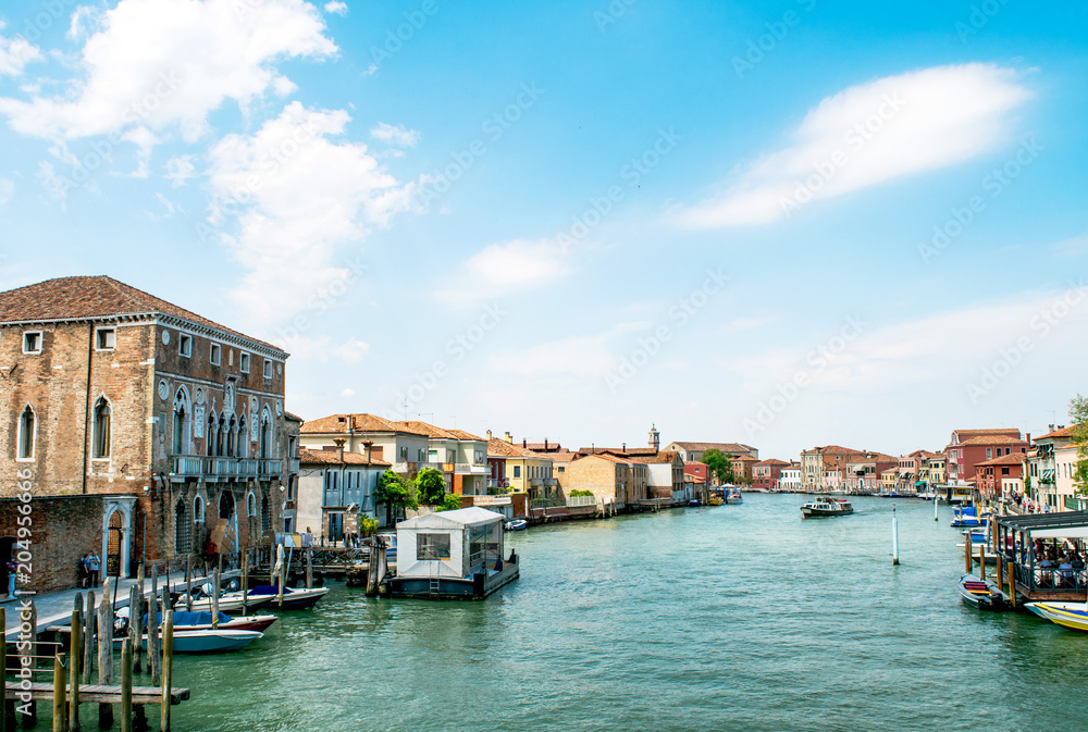 Panorama of Murano Island,Italy,15 May 2018,panorama of the large canal of the island of Murano main water street of the island, wallpaper, texture,