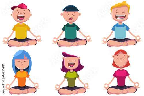 Meditation of kids engaged in yoga. Vector cartoon character set of boys and girls sitting in lotus pose.