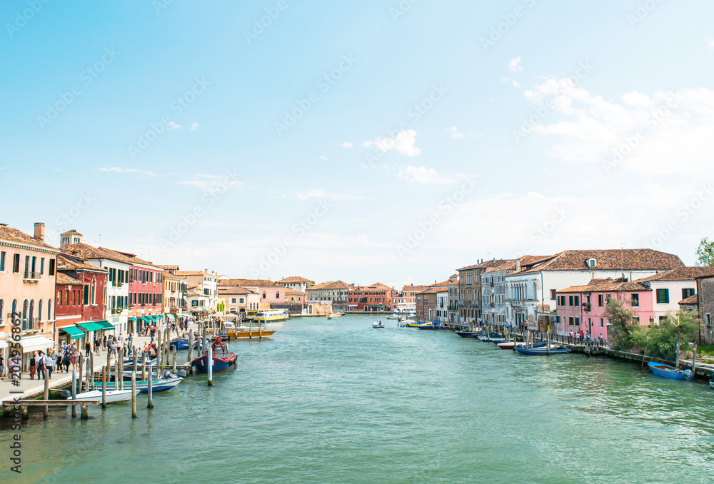 Panorama of Murano Island,Italy,15 May 2018,panorama of the large canal of the island of Murano main water street of the island, wallpaper, texture,