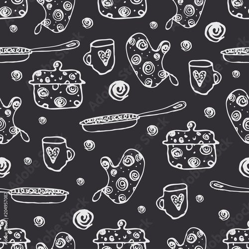 Seamless pattern with kitchen tools : plate, cup, pan. Hand drawn vector ornament.
