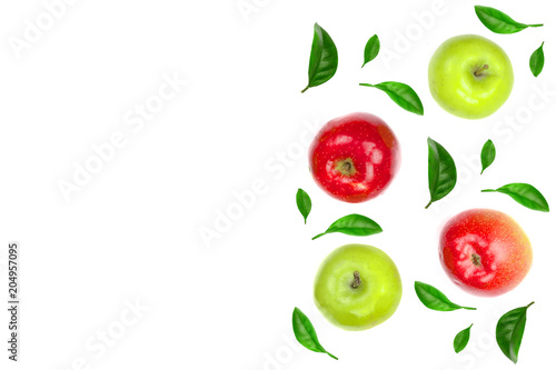 Fototapeta Naklejka Na Ścianę i Meble -  red and green apples decorated with green leaves isolated on white background with copy space for your text, top view
