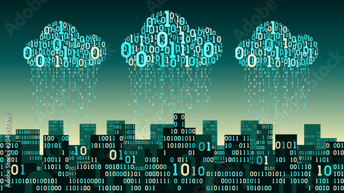 Abstract futuristic smart city with the artificial intelligence and internet of things, connected to cloud storage, binary rain - data stream, big data, network digital technology concept