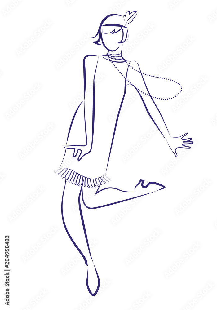 Obraz premium Flapper girl ubrana w ubrania z lat 20. i długie naszyjniki tańcząca charleston. Rysowanie linii atramentu na białym tle.