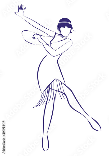 Flapper girl wearing 1920s clothes and long necklaces dancing charleston. Ink line drawing on white background.