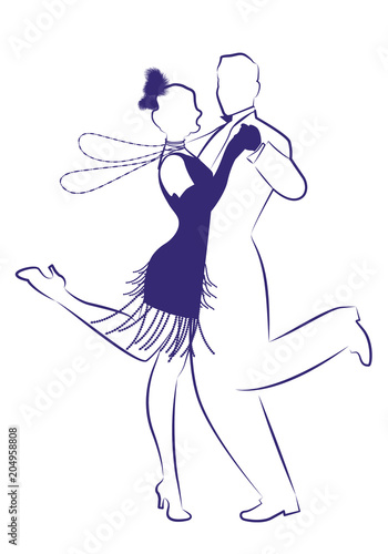 Elegant man and Flapper girl wearing 1920s clothes and long necklaces dancing charleston. Ink line drawing on white background.