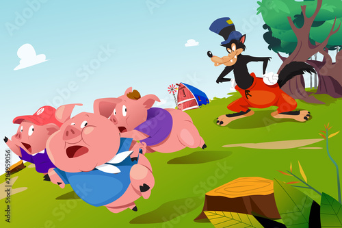 Three Little Pigs and Scary Wolf Illustration