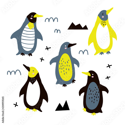 Vector illustration of cute funny baby penguin set for print poster scandinavian design