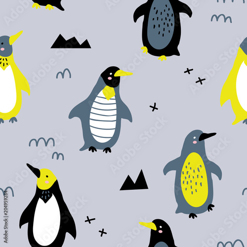 vector seamless background pattern with funny baby penguins for fabric, textile