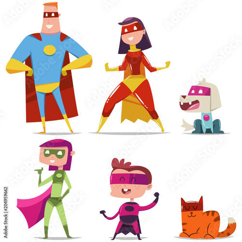 Superheroes family with kid, cat and dog. Cartoon vector character set of a man, woman, boy and girl heroes in masks and cloaks isolated on white background.